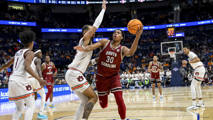 Mar 15, 2024; Nashville, TN, USA; South Carolina Gamecocks forward Collin Murray-Boyles (30) shoots the ball against the Auburn Tigers during the first half at Bridgestone Arena. Mandatory Credit: Steve Roberts-USA TODAY Sports