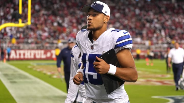 Oct 8, 2023; Santa Clara, California, USA; Dallas Cowboys quarterback Trey Lance (15) jogs off of the field during halftime against the San Francisco 49ers at Levi's Stadium. Mandatory Credit: Darren Yamashita-USA TODAY Sports