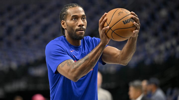 LA Clippers forward Kawhi Leonard (2) warms up before the game between the Dallas Mavericks and the LA Clippers during game three of the first round for the 2024 NBA playoffs at the American Airlines Center. Mandatory Credit: