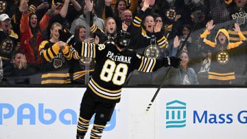 Oct 14, 2023; Boston, Massachusetts, USA; Boston Bruins right wing David Pastrnak (88) celebrates after a goal.