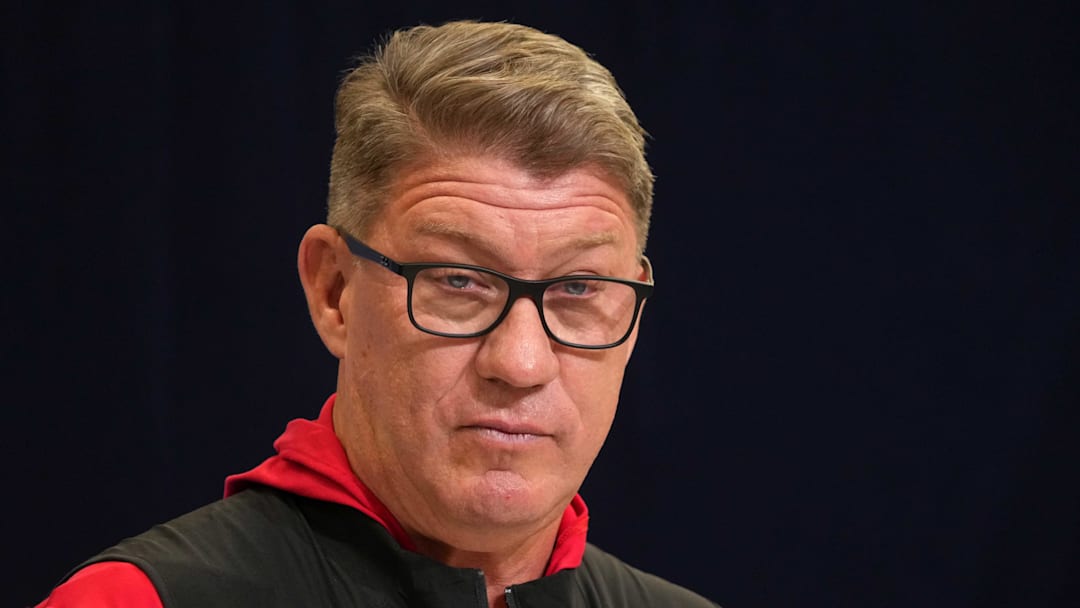 Feb 25, 2025; Indianapolis, IN, USA; Tampa Bay Buccaneers general manager Jason Licht speaks during the NFL Scouting Combine at the Indiana Convention Center. Mandatory Credit: Kirby Lee-Imagn Images