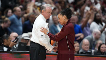 Apr 4, 2025; Tampa, FL, USA;  Texas Longhorns head coach Vic Schaefer shakes hands with South Carolina Gamecocks head coach Dawn Staley during the 2025 Final Four.