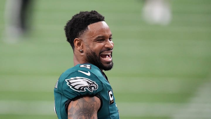 Feb 9, 2025; New Orleans, LA, USA; Philadelphia Eagles cornerback Darius Slay Jr. (2) takes the field before Super Bowl LIX against the Kansas City Chiefs at Caesars Superdome. Mandatory Credit: Kirby Lee-Imagn Images