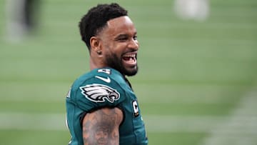 Feb 9, 2025; New Orleans, LA, USA; Philadelphia Eagles cornerback Darius Slay Jr. (2) takes the field before Super Bowl LIX against the Kansas City Chiefs at Caesars Superdome. Mandatory Credit: Kirby Lee-Imagn Images