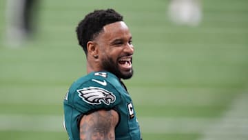 Feb 9, 2025; New Orleans, LA, USA; Philadelphia Eagles cornerback Darius Slay Jr. (2) takes the field before Super Bowl LIX against the Kansas City Chiefs at Caesars Superdome. Mandatory Credit: Kirby Lee-Imagn Images