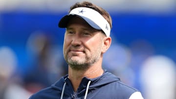 Aug 9, 2025; Inglewood, California, USA; Dallas Cowboys coach Brian Schottenheimer reacts during the game against the Los Angeles Rams at SoFi Stadium. Mandatory Credit: Kirby Lee-Imagn Images