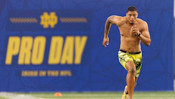 Defensive back Xavier Watts runs the 40-yard dash during Notre Dame football's Pro Day at Irish Athletic Center on Thursday, March 27, 2025, in South Bend.