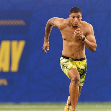 Defensive back Xavier Watts runs the 40-yard dash during Notre Dame football's Pro Day at Irish Athletic Center on Thursday, March 27, 2025, in South Bend.