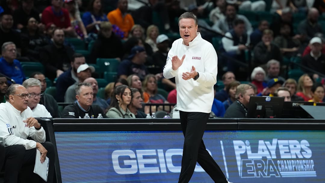 Nov 26, 2025; Las Vegas, NV, USA; Kansas Jayhawks head coach Bill Self reacts in the second half against the Tennessee Volunteers in the 2025 Players Era Festival third place game at MGM Grand Garden Arena. Mandatory Credit: Kirby Lee-Imagn Images Nov 26, 2025; Las Vegas, NV, USA; Kansas Jayhawks head coach Bill Self reacts in the second half against the Tennessee Volunteers in the 2025 Players Era Festival third place game at MGM Grand Garden Arena. Mandatory Credit: Kirby Lee-Imagn Images