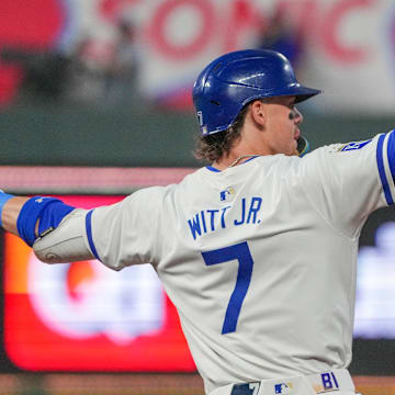 Sep 16, 2024; Kansas City, Missouri, USA; Kansas City Royals shortstop Bobby Witt Jr. (7) celebrates while running the bases after hitting a grand slam against the Detroit Tigers in the third inning at Kauffman Stadium. Mandatory Credit: Denny Medley-Imagn Images