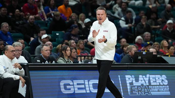 Nov 26, 2025; Las Vegas, NV, USA; Kansas Jayhawks head coach Bill Self reacts in the second half against the Tennessee Volunteers in the 2025 Players Era Festival third place game at MGM Grand Garden Arena. Mandatory Credit: Kirby Lee-Imagn Images