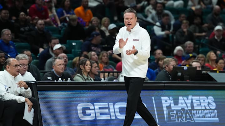 Nov 26, 2025; Las Vegas, NV, USA; Kansas Jayhawks head coach Bill Self reacts in the second half against the Tennessee Volunteers in the 2025 Players Era Festival third place game at MGM Grand Garden Arena. Mandatory Credit: Kirby Lee-Imagn Images