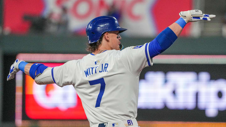 Sep 16, 2024; Kansas City, Missouri, USA; Kansas City Royals shortstop Bobby Witt Jr. (7) celebrates while running the bases after hitting a grand slam against the Detroit Tigers in the third inning at Kauffman Stadium. Mandatory Credit: Denny Medley-Imagn Images