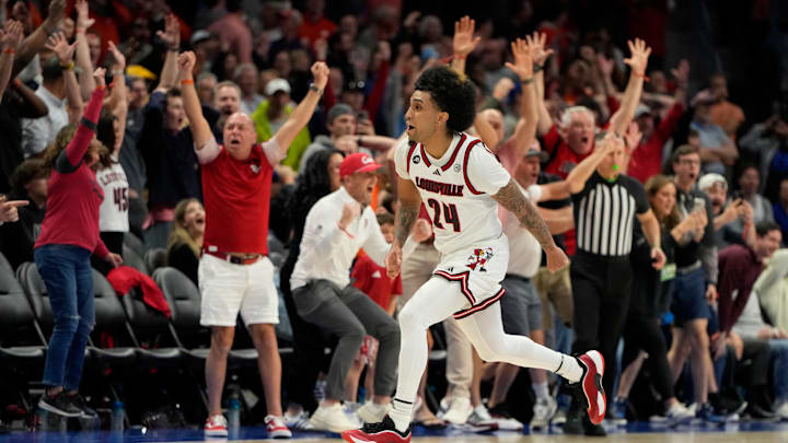 Louisville Cardinals guard Hepburn reacts after hitting a last second shot to win the game at Spectrum Center. Louisville Cardinals guard Hepburn reacts after hitting a last second shot to win the game at Spectrum Center.