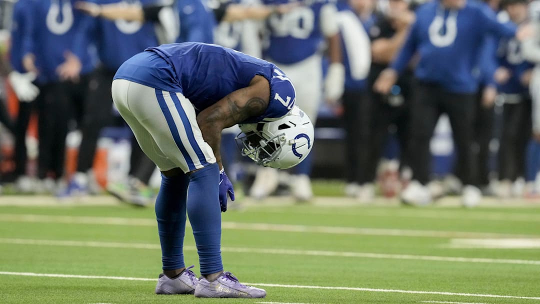 Indianapolis Colts cornerback Charvarius Ward Sr. (7) reacts to a penalty Sunday, Nov. 30, 2025, during a game against the Houston Texans at Lucas Oil Stadium in Indianapolis.