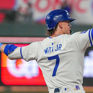 Sep 16, 2024; Kansas City, Missouri, USA; Kansas City Royals shortstop Bobby Witt Jr. (7) celebrates while running the bases after hitting a grand slam against the Detroit Tigers in the third inning at Kauffman Stadium.