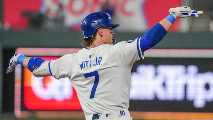 Sep 16, 2024; Kansas City, Missouri, USA; Kansas City Royals shortstop Bobby Witt Jr. (7) celebrates while running the bases after hitting a grand slam against the Detroit Tigers in the third inning at Kauffman Stadium.