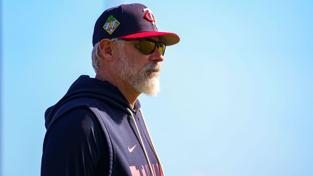 Manager Derek Shelton walks near the dugout during the Minnesota Twins first full-squad workout of spring training at Lee Health Sports Complex in Fort Myers, Fla., on Monday, Feb. 16, 2026. Manager Derek Shelton walks near the dugout during the Minnesota Twins first full-squad workout of spring training at Lee Health Sports Complex in Fort Myers, Fla., on Monday, Feb. 16, 2026.
