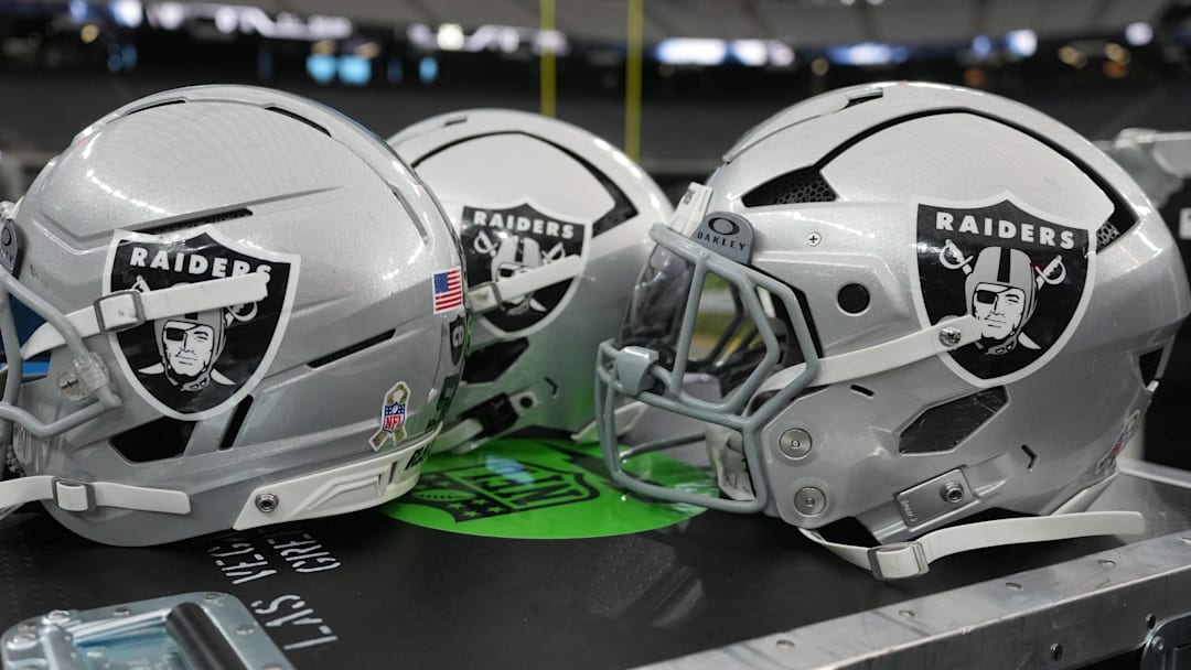 Nov 23, 2025; Paradise, Nevada, USA; Las Vegas Raiders helmets on the sidelines at Allegiant Stadium. Mandatory Credit: Kirby Lee-Imagn Images