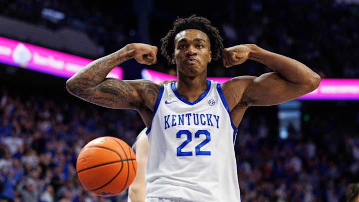 Jan 4, 2025; Lexington, Kentucky, USA; Kentucky Wildcats center Amari Williams (22) celebrates after making a basket during the second half against the Florida Gators at Rupp Arena at Central Bank Center. Mandatory Credit: Jordan Prather-Imagn Images