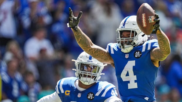 Indianapolis Colts cornerback Xavien Howard (4) celebrates a turnover against the Miami Dolphins 