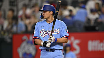 Apr 20, 2025; Arlington, Texas, USA; Texas Rangers shortstop Corey Seager (5) during the game between the Texas Rangers and the Los Angeles Dodgers at Globe Life Field. =