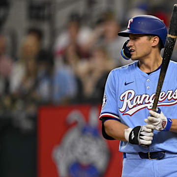 Apr 20, 2025; Arlington, Texas, USA; Texas Rangers shortstop Corey Seager (5) during the game between the Texas Rangers and the Los Angeles Dodgers at Globe Life Field. 