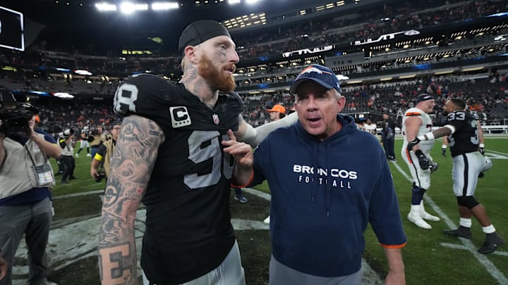 Dec 7, 2025; Paradise, Nevada, USA;  Las Vegas Raiders defensive end Maxx Crosby (98) and Denver Broncos head coach Sean Payton meet on the field following a game at Allegiant Stadium. Mandatory Credit: Kirby Lee-Imagn Images