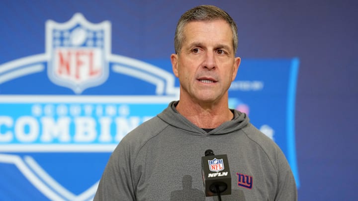 Feb 24, 2026; Indianapolis, IN, USA; New York Giants coach John Harbaugh speaks at the NFL Scouting Combine at the Indiana Convention Center. Mandatory Credit: Kirby Lee-Imagn Images