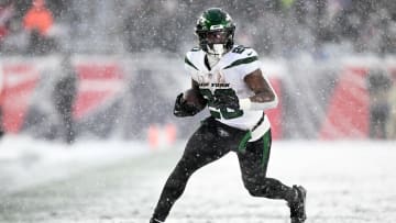 oJan 7, 2024; Foxborough, Massachusetts, USA; New York Jets running back Breece Hall (20) runs against the New England Patriots during the second half at Gillette Stadium. Mandatory Credit: Brian Fluharty-USA TODAY Sports