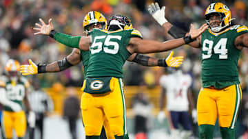 Dec 7, 2025; Green Bay, Wisconsin, USA; Green Bay Packers defensive lineman Kingsley Enagbare (55) celebrates after a sack in the second quarter against the Chicago Bears at Lambeau Field. Mandatory Credit: Jeff Hanisch-Imagn Images