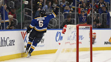 Dec 27, 2024; St. Louis, Missouri, USA; St. Louis Blues defenseman Philip Broberg (6) reacts after scoring a goal against the Nashville Predators during the second period at Enterprise Center. Mandatory Credit: Jeff Le-Imagn Images