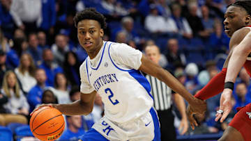 Feb 1, 2025; Lexington, Kentucky, USA; Kentucky Wildcats guard Jaxson Robinson (2) drives to the basket during the second half against the Arkansas Razorbacks at Rupp Arena at Central Bank Center. Mandatory Credit: Jordan Prather-Imagn Images