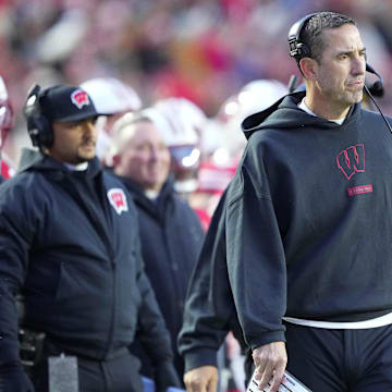 Nov 8, 2025; Madison, Wisconsin, USA;  Wisconsin Badgers head coach Luke Fickell looks on during the first quarter against the Washington Huskies at Camp Randall Stadium. Mandatory Credit: Jeff Hanisch-Imagn Images