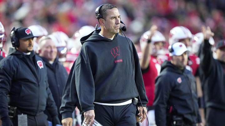 Nov 8, 2025; Madison, Wisconsin, USA;  Wisconsin Badgers head coach Luke Fickell looks on during the first quarter against the Washington Huskies at Camp Randall Stadium. Mandatory Credit: Jeff Hanisch-Imagn Images