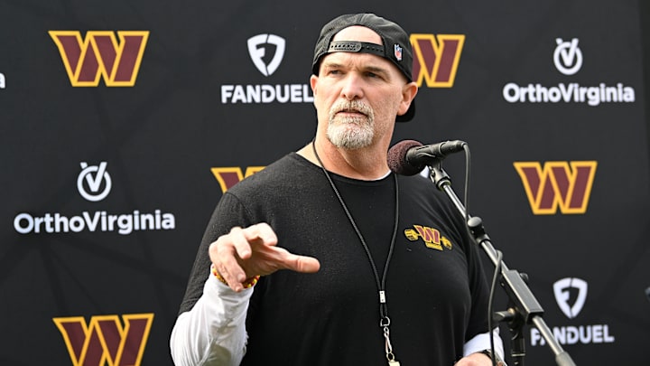 Washington Commanders head coach Dan Quinn holds a press conference before training camp. Washington Commanders head coach Dan Quinn holds a press conference before training camp.