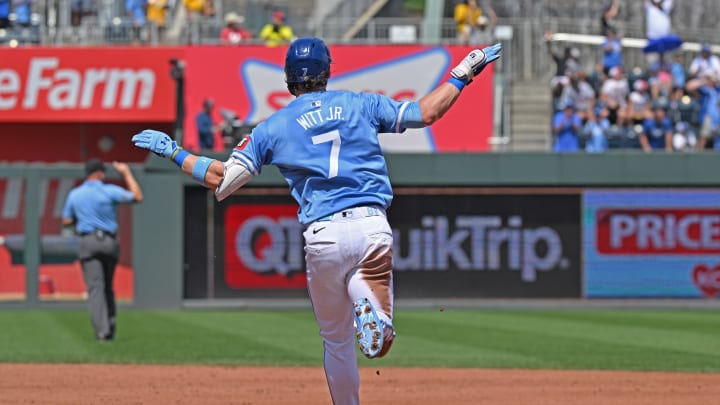 Kansas City Royals shortstop Bobby Witt Jr. (7) reacts after hitting a solo home run in the third inning against the Philadelphia Phillies at Kauffman Stadium on Aug 25.