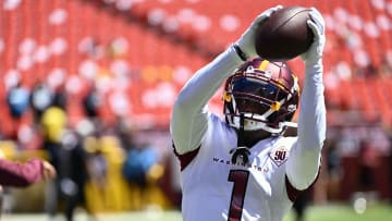 Aug 13, 2022; Landover, Maryland, USA; Washington Commanders wide receiver Jahan Dotson (1) warms up before the game against the Carolina Panthers at FedExField. Mandatory Credit: Brad Mills-USA TODAY Sports