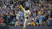 Jul 29, 2024; Milwaukee, Wisconsin, USA; Milwaukee Brewers shortstop Willy Adames (27) rounds the bases after hitting a home run agains the Atlanta Braves in the sixth inning at American Family Field. Mandatory Credit: Michael McLoone-USA TODAY Sports