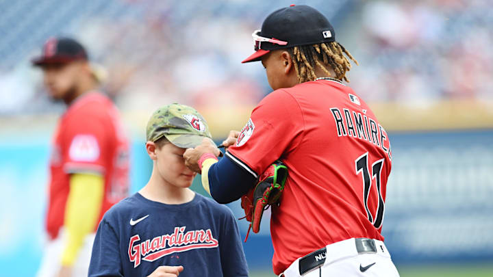 Jun 8, 2025; Cleveland, Ohio, USA; A young fan has his hat signed by Cleveland Guardians third baseman Jose Ramirez (11) before the game between the Guardians and the Houston Astros at Progressive Field. Mandatory Credit: Ken Blaze-Imagn Images Jun 8, 2025; Cleveland, Ohio, USA; A young fan has his hat signed by Cleveland Guardians third baseman Jose Ramirez (11) before the game between the Guardians and the Houston Astros at Progressive Field. Mandatory Credit: Ken Blaze-Imagn Images