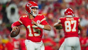 Sep 5, 2024; Kansas City, Missouri, USA; Kansas City Chiefs starting quarterback Patrick Mahomes (15) throws a pass during the second half against the Baltimore Ravens at GEHA Field at Arrowhead Stadium. Mandatory Credit: Jay Biggerstaff-Imagn Images