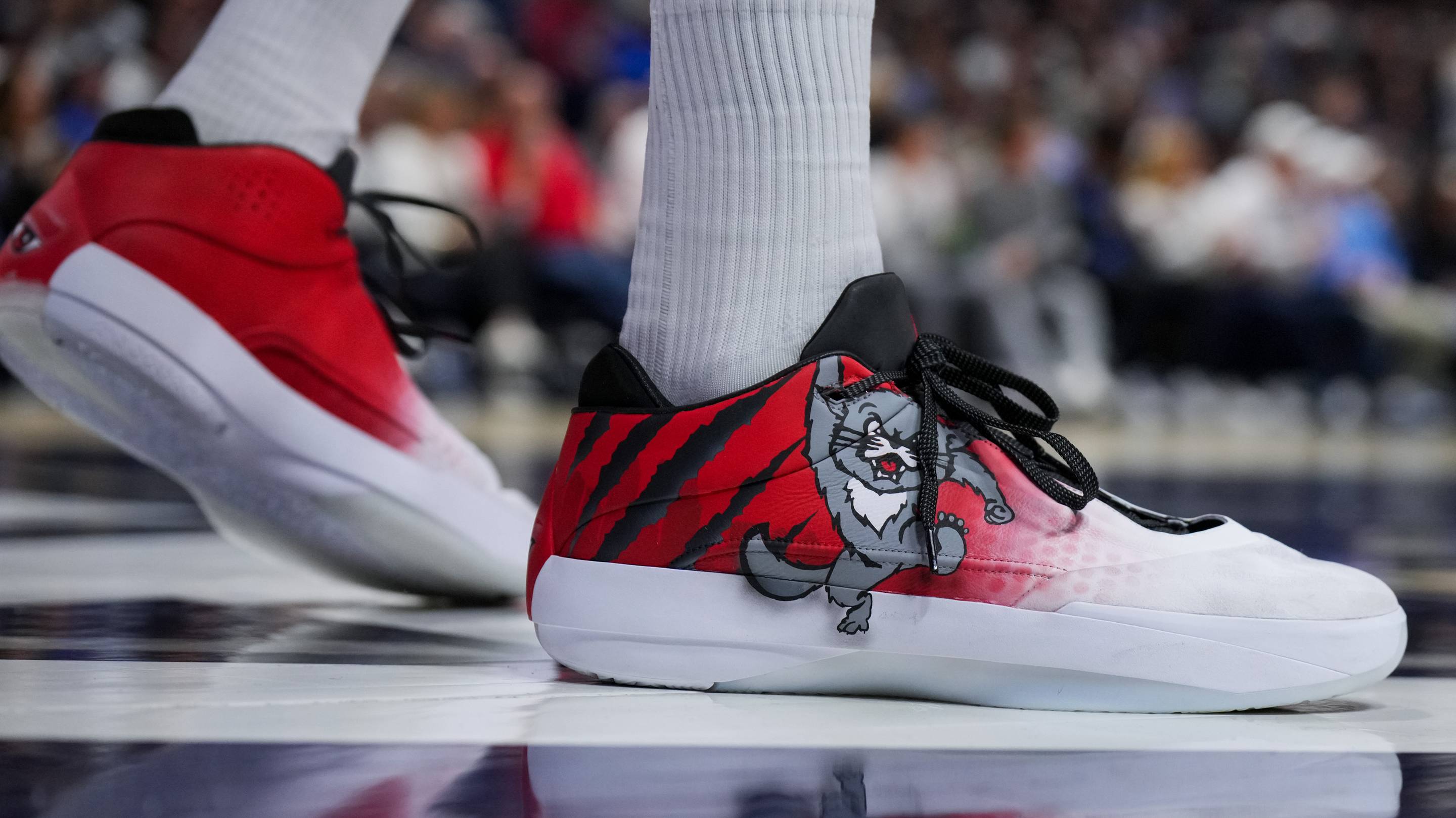 Dec 5, 2025; Cincinnati, Ohio, USA; The shoes worn by Cincinnati Bearcats forward Baba Miller (18) are seen during the game against the Xavier Musketeers in the first half at the Cintas Center. Mandatory Credit: Aaron Doster-Imagn Images | IMAGN IMAGES via Reuters Connect