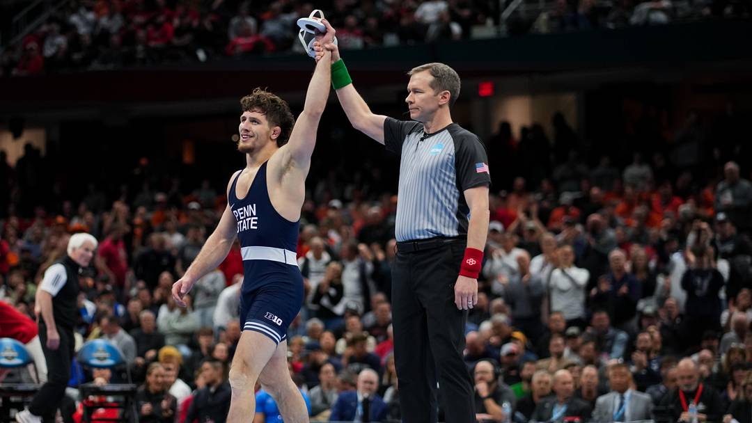 Penn State Nittany Lions wrestler Levi Haines reacts to defeating Nebraska Cornhuskers' Christopher Minto during the NCAA Wrestling Championship at Rocket Arena.