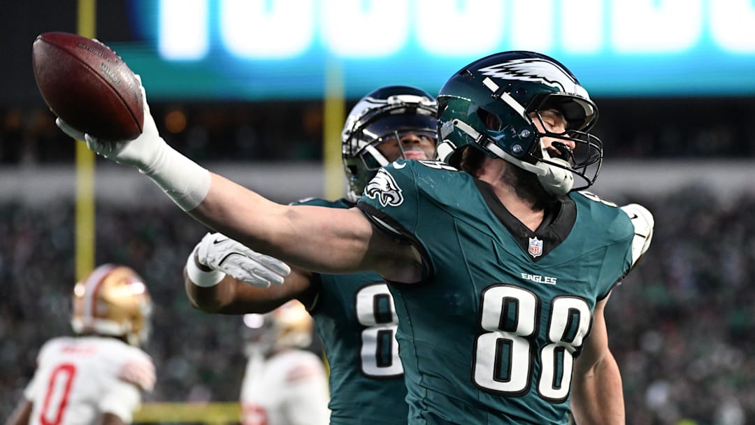 Jan 11, 2026; Philadelphia, PA, USA; Philadelphia Eagles tight end Dallas Goedert (88) celebrates after scoring a touchdown against the San Francisco 49ers during the first quarter in an NFC Wild Card Round game at Lincoln Financial Field. 