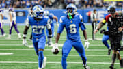 Nov 2, 2025; Detroit, Michigan, USA; Detroit Lions cornerback Terrion Arnold (6) celebrates an interception in the second quarter against the Minnesota Vikings at Ford Field.