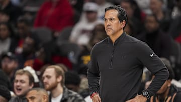 Dec 28, 2024; Atlanta, Georgia, USA; Miami Heat head coach Erik Spoelstra shown during the game against the Atlanta Hawks during the second half at State Farm Arena. Mandatory Credit: Dale Zanine-Imagn Images