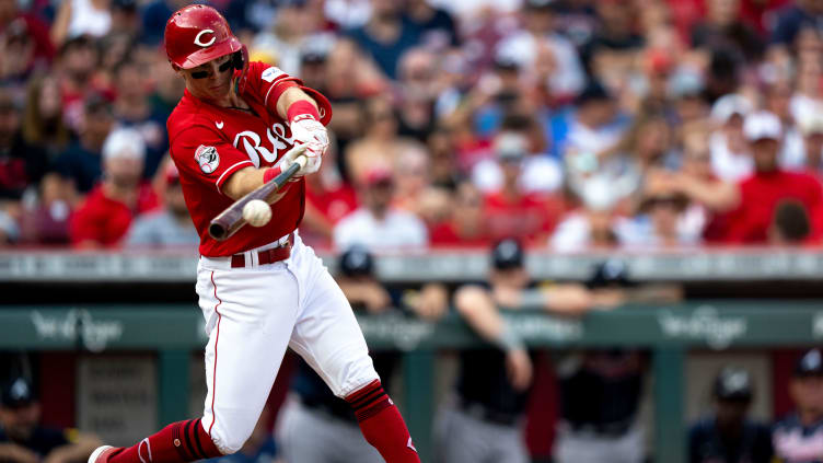 Cincinnati Reds shortstop Matt McLain (9) hits a base hit in the seventh inning of the MLB baseball