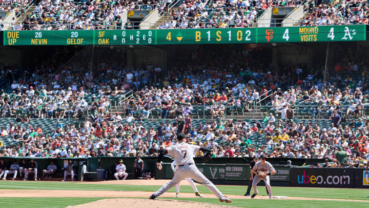 Aug 18, 2024; Oakland, California, USA; San Francisco Giants starting pitcher Blake Snell (7) throws a pitch against the Oakland Athletics during the fourth inning at Oakland-Alameda County Coliseum. Mandatory Credit: Robert Edwards-USA TODAY Sports