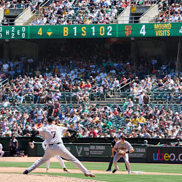 Aug 18, 2024; Oakland, California, USA; San Francisco Giants starting pitcher Blake Snell (7) throws a pitch against the Oakland Athletics during the fourth inning at Oakland-Alameda County Coliseum. Mandatory Credit: Robert Edwards-Imagn Images