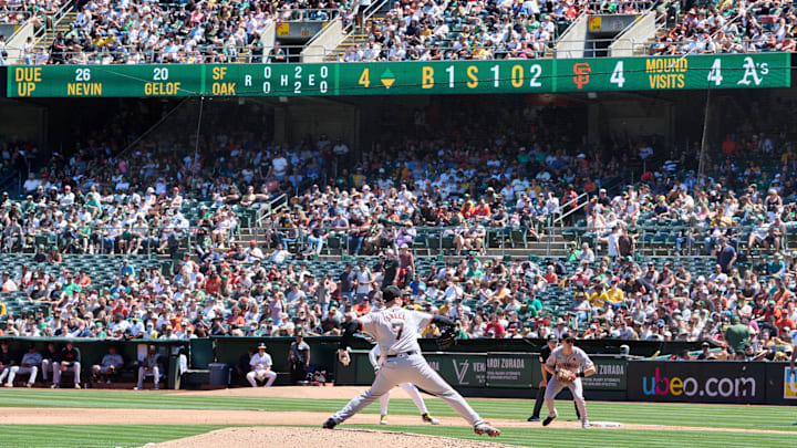 Aug 18, 2024; Oakland, California, USA; San Francisco Giants starting pitcher Blake Snell (7) throws a pitch against the Oakland Athletics during the fourth inning at Oakland-Alameda County Coliseum. Mandatory Credit: Robert Edwards-Imagn Images